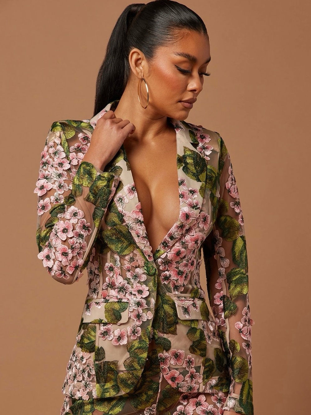Fashion Nova Pink Floral Embroidered Sheer Blazer